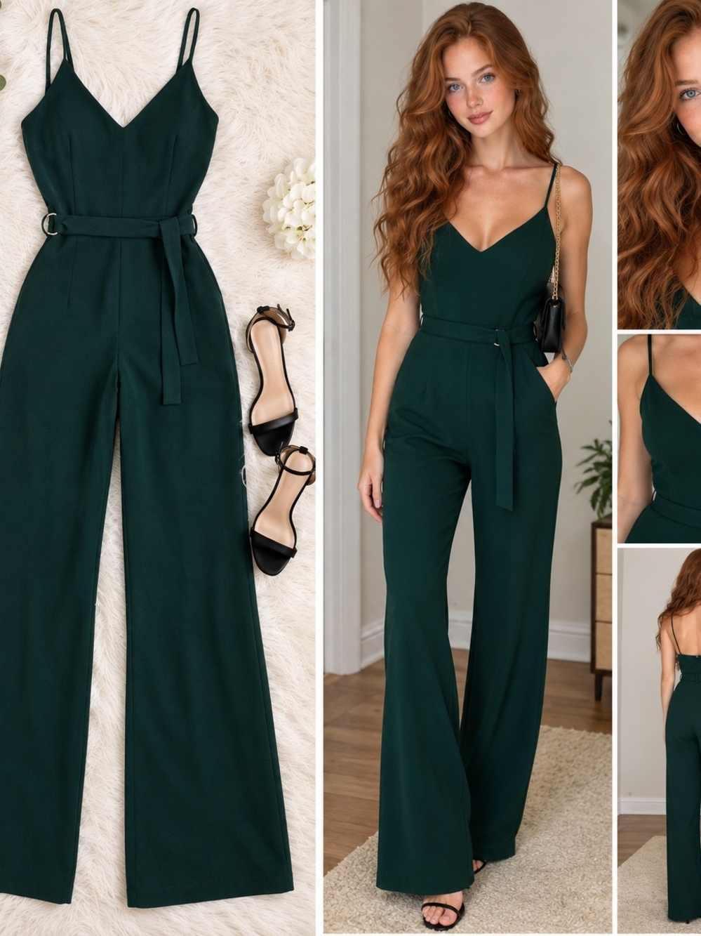 Babaton Green V-Neck Belted Jumpsuit Onesie Size XS Spaghetti Strap One Piece